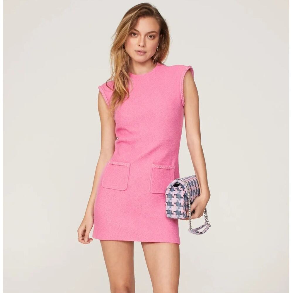 Maje Rapela Dress Tweed Cap Sleeve Patch Pockets Mini Shift Pink FR 36 US 2-4